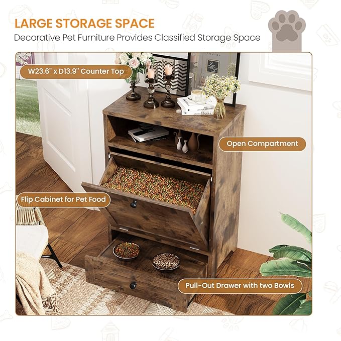 Dog Feeding Station,Dog Food Storage Cabinet, Large Pet Food Organizer Furniture,Dog Food Storage And Feeding Station With Pull-Out Elevated 2 Sus304 Dog Bowl For Feeding & Watering Supplies, Brown