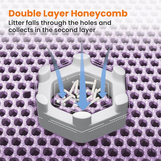 Extra Large Cat Litter Mat, 30x22 Inches Honeycomb Double Layer Cat Litter Trapping Mat, Non Slip Waterproof Urine Proof Large Kitty Litter Box Mat for Floor, Kitten Supplies, XL, Purple