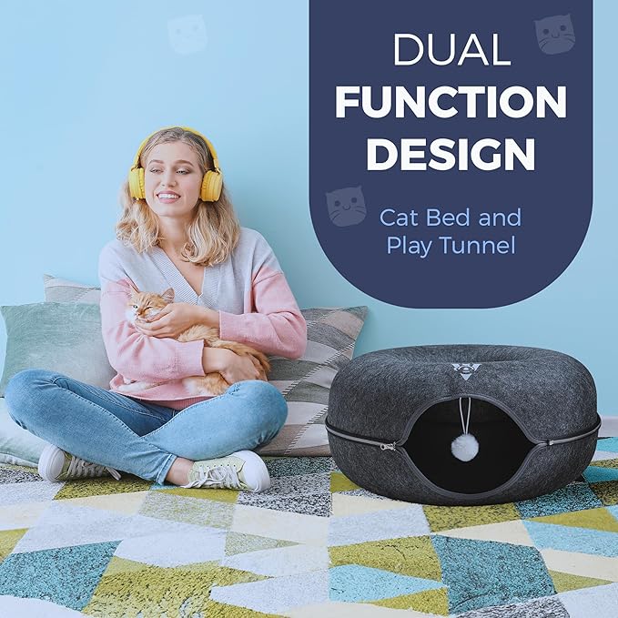 Premium Large Size 24 Inch Cat Tunnel Bed - With Upgraded Metal Zipper - Detachable Round Design - Washable - and Scratch Resistant - Includes 3 Toys and Removable Cushion