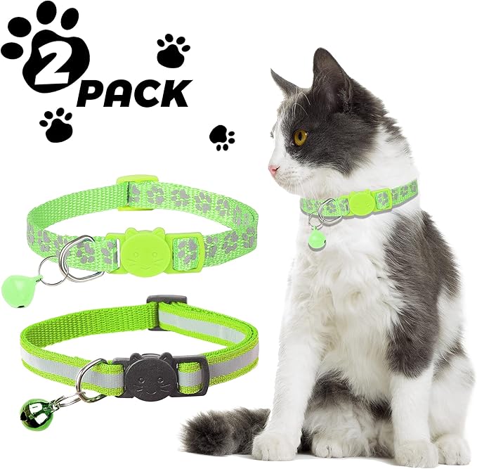 BANMODER 2 Pack Reflective Cat Collar Breakaway with Bell,Personalized Kitten Collars,Adjustable Safety Buckle Collar for Male Cats Girls & Boys (Light Green)