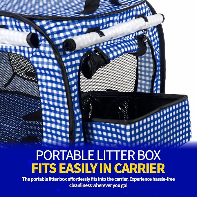 Pet Fit For Life Extra Large Cat Carrier for Travel - Foldable & Portable Collapsible Kennel with Litter Box, Feather Toy & Water/Food Bowl - Ideal for Cars, Long Trips & Indoor Cats - Blue Checkers
