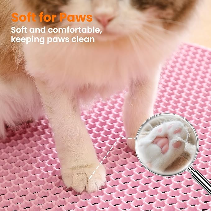 Cat Litter Mat, 24x18 Inches Large Double Layer Honeycomb Cat Litter Trapping Mat, Non Slip Waterproof Urine Proof Cat Litter Box Mat for Floor, Kitty Litter Rug, Cat Supplies, Pink