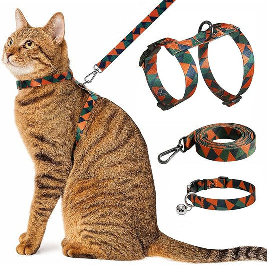 Cat Harness and Leash Set with Matching Collar – Escape Proof Harness for Cats, Adjustable & Lightweight, Geometric Print, Easy Wear for Outdoor Walking & Training