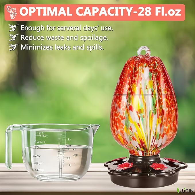Tulip Shaped Hummingbird Feeder for Outdoors Hanging, Hand Blown Glass, 28 fl.oz, Leak Proof & Rustproof, Includes an Ant Moat, Metal Cover with 5 Feeding Ports, Red