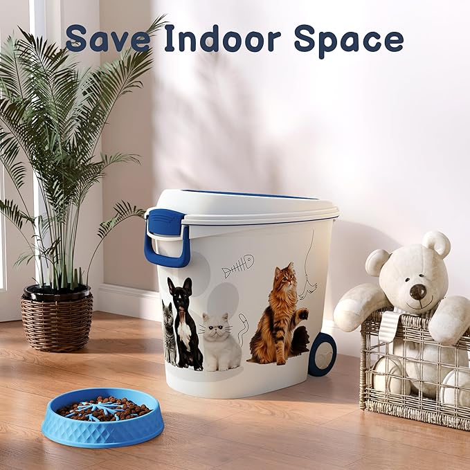 Pet Food Storage Container with Scoop & Slow Feeder Bowl – 40LB Large Capacity Dog Cat Food Dispenser, Durable Resin Dry Kibble Keep Food Fresh Organizer for Dogs Cats Birds, Blue