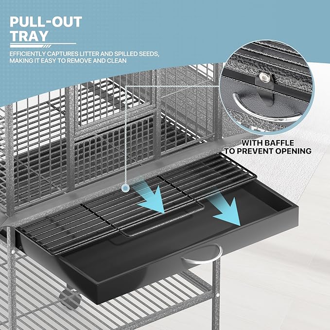 MoNiBloom 61 Inch Large Bird Cage with Rolling Stand, Wrought Steel Flight Birdcage w/Play Top for Parakeets Cockatiels Lovebird Budgie, Black