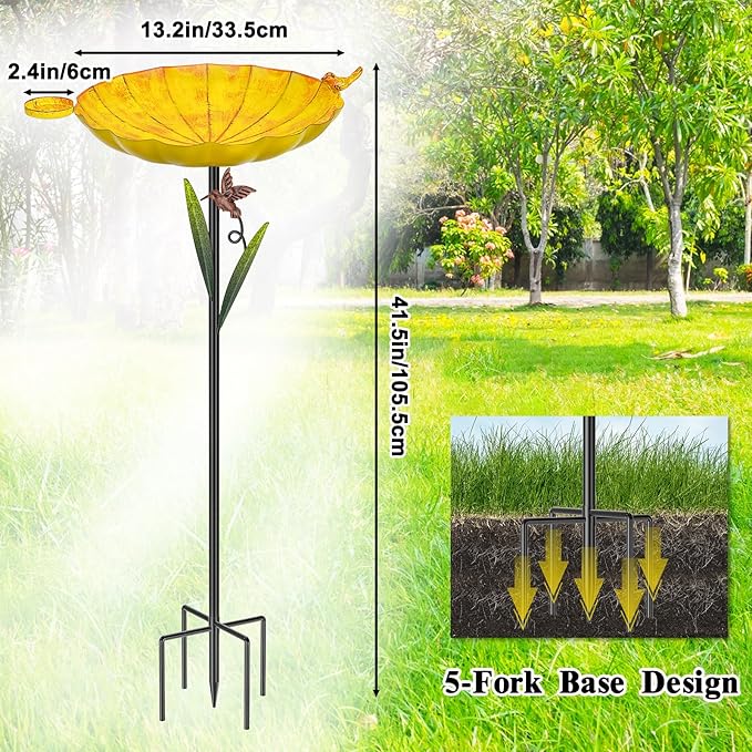 Metal Bird Bath for Outside, Detachable Birdbath Sturdy 5-Prong Stake Base with Bowl & Decorative Birds, Durable Iron Garden Birdbath & Feeder for Patio Wildlife Décor (Retro Yellow)