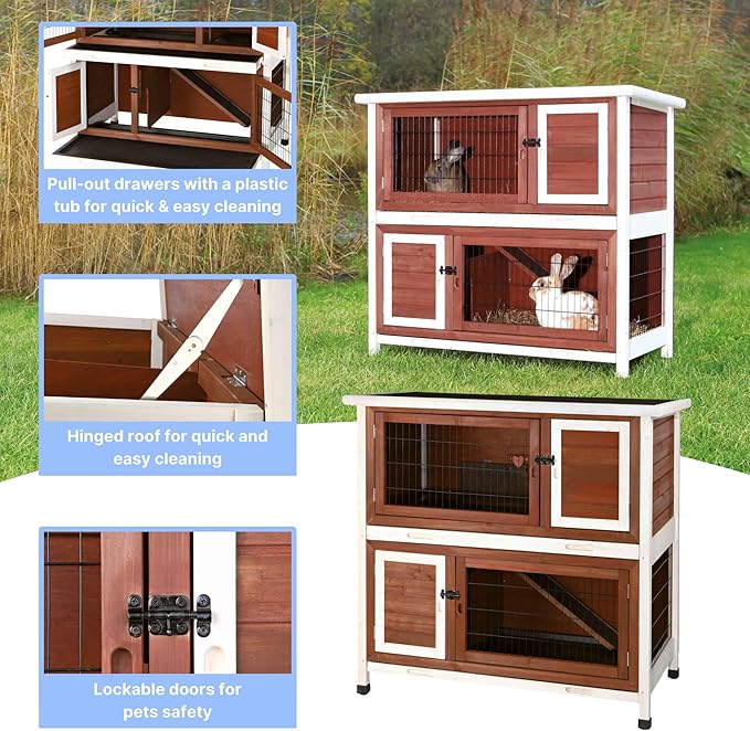 TRIXIE natura Outdoor Double Rabbit Hutch - Indoor Small Animal House, Bunny Cage with Two Sleeping & Play Areas - Includes a Non-Slip Ramp Hinged Roof & Two Pull-Out Trays - in Auburn