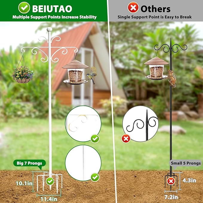 Bird Feeder Pole for Outdoors Heavy Duty Squirrel Proof, 2 Pack 92 Inch Adjustable Tall Shepherds Hooks for Outdoor with 7 Prongs Base, Double Shepherd Hooks (2 Pack White, 92 Inch)