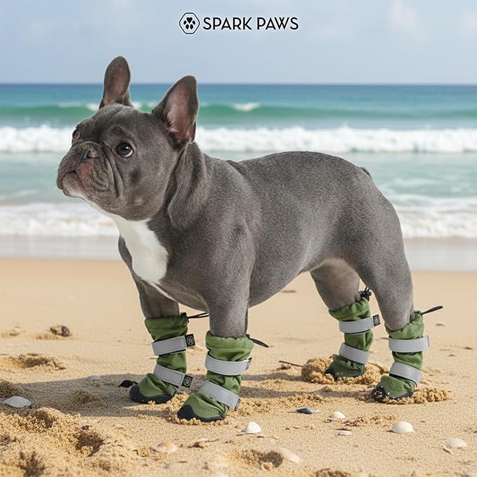 Spark Paws Dog Shoes, Waterproof Dog Boots for Medium to Large Dogs, Non Slip, Breathable Dog Booties and Paw Protectors - 4PCS Doggie Hiking Boots with Reflective Straps - Green - Size 4