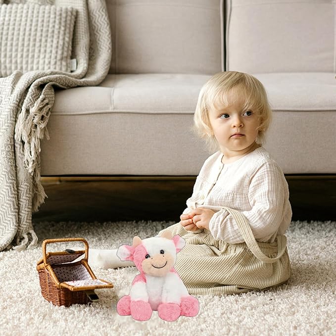 Pink and White Cow Weighted Stuffed Animal 20cm/7.87in Cute Sitting Cow Plush Toy with Smile Soft Fluffy Small Farm Plushie for Kids Adults Birthday Festival Gift Bed Home Office Decor Toys