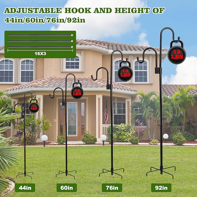 Shephard Hooks Outdoor 76 Inches for Lanterns Double Hooks Heavy Duty Shepherd Stand Plant Hanger Yard Hooks for Solar Lights,Bird Feeder Wedding Adjustable Height&Hooks Powder Coated