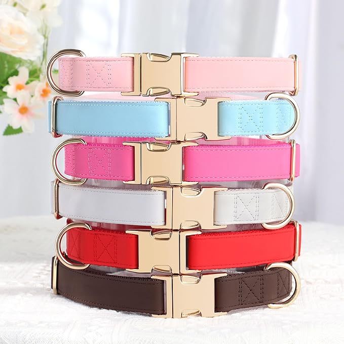 PET ARTIST PU Leather Dog Collar, Bright & Stylish Brown Dog Collar with Quick Release Gold Metal Buckle, Soft Nylon Padded Durable Pet Collars Adjustable for Small Dogs, Neck Fit 9-14"