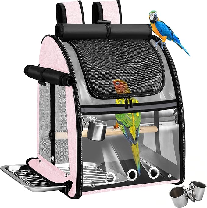 Sanmoncare Bird Carrier Backpack with Stainless Steel Mesh, Parrot Travel Cage with Stand, Easy to Clean, Portable Conures Travel Bag, Pet Breathable Travel Cage