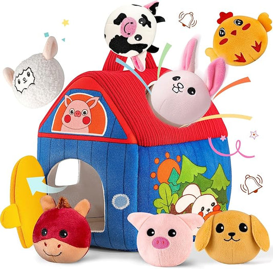 Baby Toys 6-12 Months, Barn with Stuffed Farm Animals, Montessori Toy for Babies, Sensory Toys for Toddlers 1-3, Portable Baby Farmhouse Toy, Birthday Gift for Infants & Toddlers