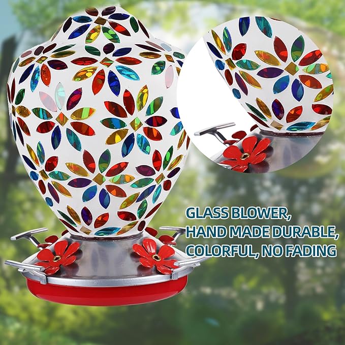 VOREEN Glass Mosaic Hummingbird Feeders, 35OZ with Ant Moat & 4 Feeding Ports, Hand Blown Glass Outdoor Hanging Porch Garden Backyard Decor, Gift for Mom Wife Friend, Flowers Design