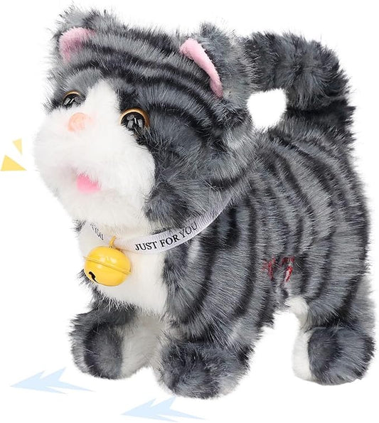 Easfan 7" Walking Plush Kitty Toy Stuffed Animal Electric Interactive Talking Musical Plush Toy Grey Cat Leash Tail Wagging Christmas Birthday Gifts for Kids Toddlers