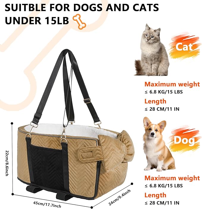 Dog Car Seat for Small Dogs Adjustable Portable Center Console Dog Car Seat Removable Cat Booster Cars Seats - Safety Belt with Cushion Anti-Collapse for Puppy Kitten Up to 15 Lbs