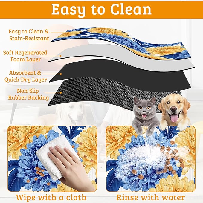 Blue Yellow Flowers Dog Food Mat, Absorbent Pet Feeding Mat for Food and Water Bowl,Quick Dry Dog Placemat Non Slip Rubber Backing Waterproof Pet Supplies 12" x 20"