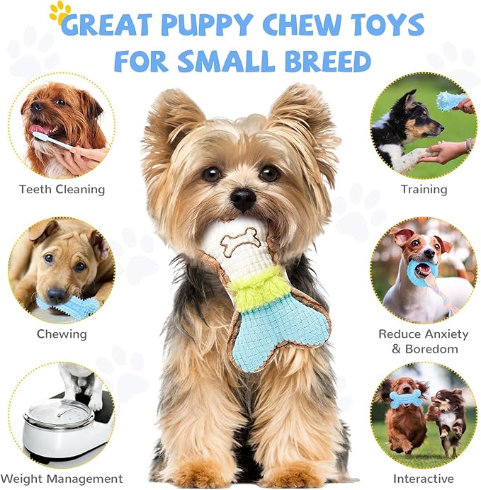 BAEJMJK 6 Pack Puppy Teething Toys Blue Small Breed Dog Chew Toys with Rope Cute Plush Squeaky Dog Toys Soft Rubber Puppy Toys Set for Cleaning Teeth Interactive Pet Doggy Bone Toys
