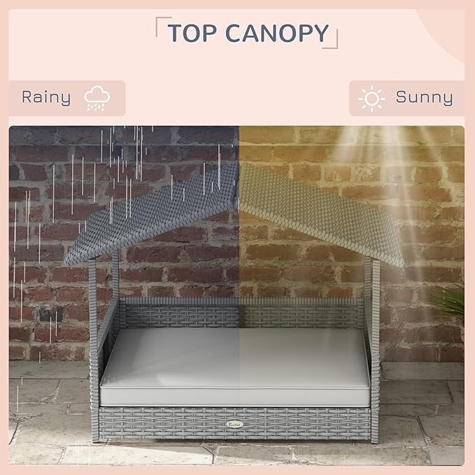 PawHut Wicker Dog House Outdoor with Canopy, Rattan Dog Bed with Water-Resistant Cushion, Raised Dog Bed for Small, Medium Dogs up to 66 lbs, 19.75" in Length, Silver Wicker, White Cushion