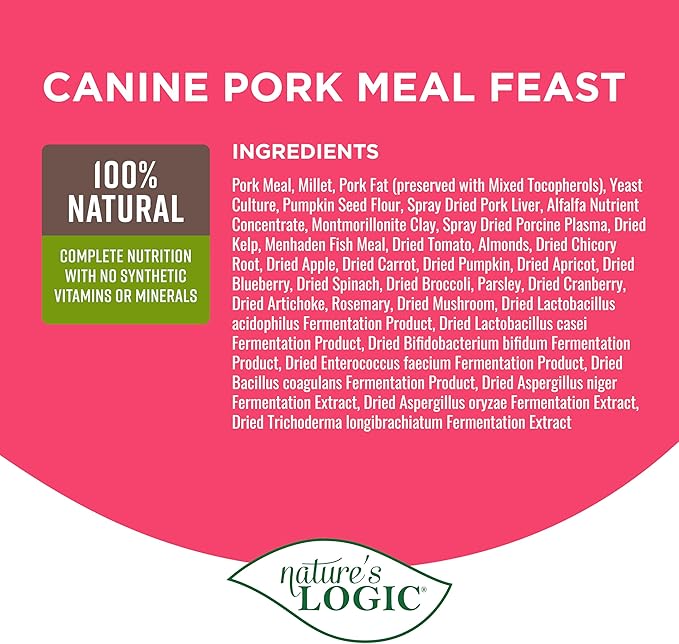 NATURE'S LOGIC Dry Dog Food - 100% Natural - No Synthetics - for All Ages, Sizes, Breeds - Free from Common Allergens, High Protein - Pork Meal Feast, 13lbs