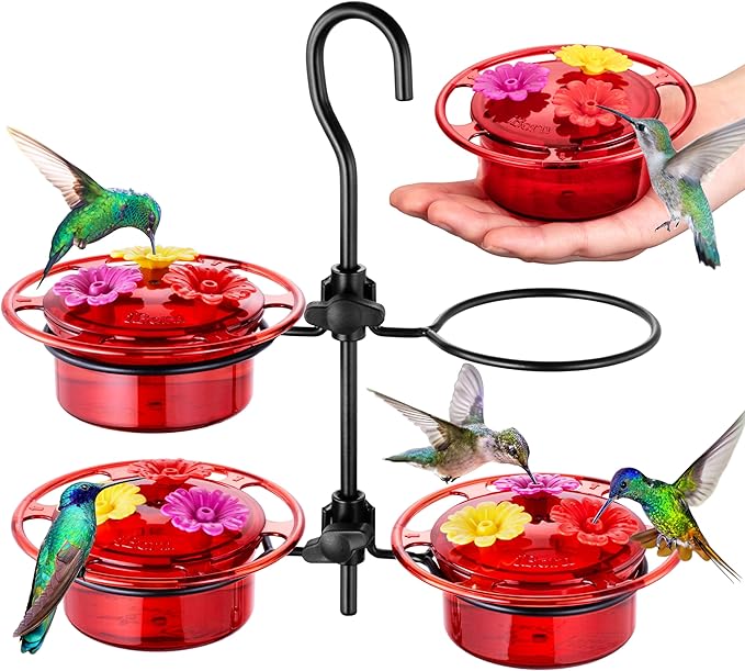 iBorn Small Hummingbird Feeder Hummingbird Feeders for Outdoors Hanging 4PCS 3OZ Mini Humming Bird Feeder with 3 Bee Guard Feeding Ports Silicone Flower Red