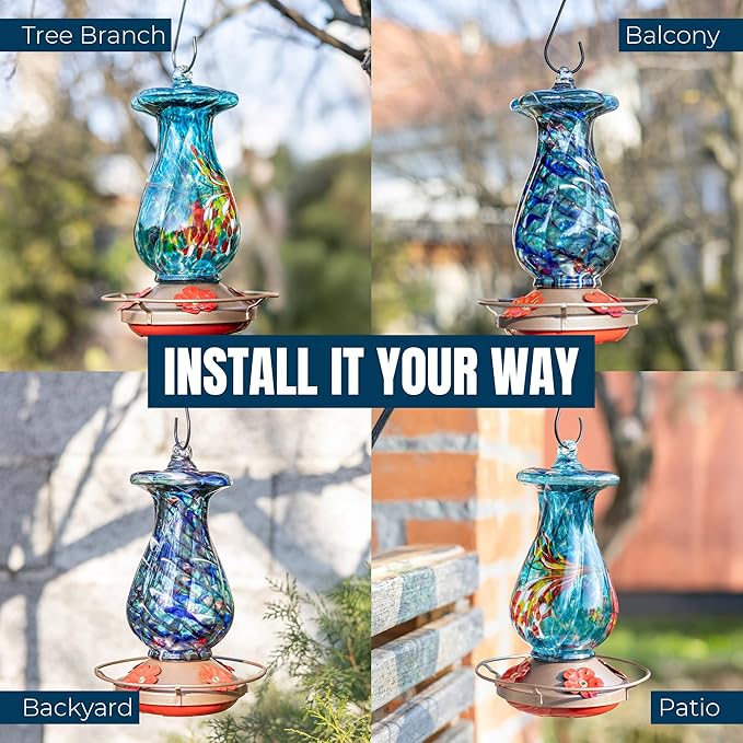 MEKKAPRO Hummingbird Feeders for Outdoors Hanging Glass 20oz, Decorative Feeder with Blown Stained Waterdrop Glass Design for Outdoors and Backyard, Easy Fill with 4 Nectar Feeding Flowers (Blue)