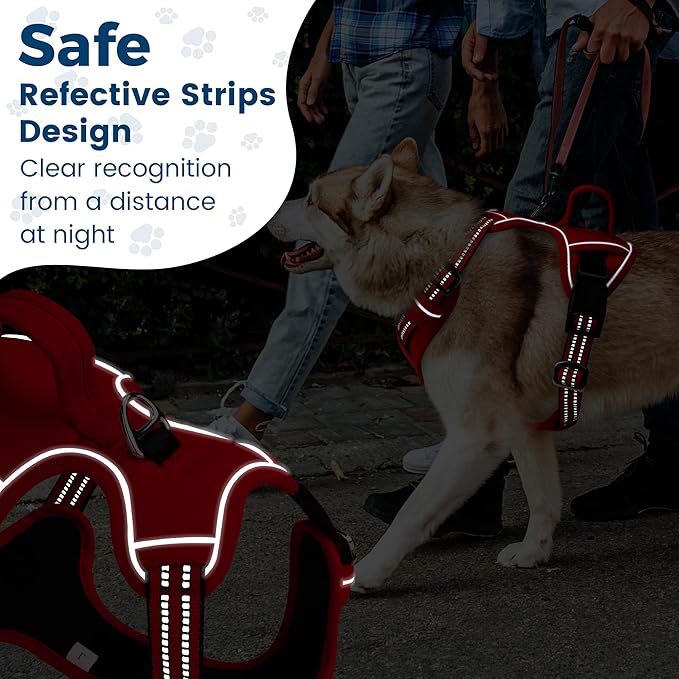 Funfox Dog Harness No Pull, Adjustable Pet Vest Harness, Super Soft Material with Vertical Handle Easy Control, Reflective Night Walking, 2 Leash Clips for Medium Sized Dogs, Red, M