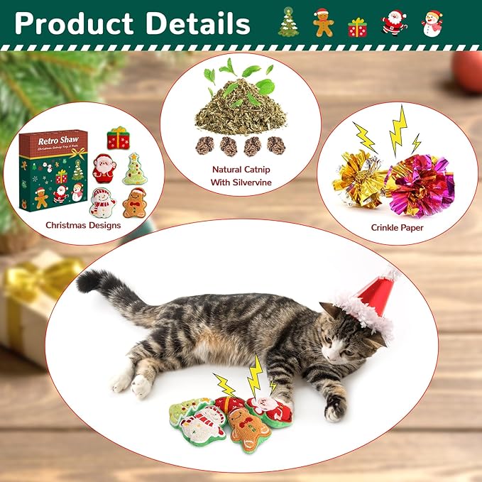 Retro Shaw 5Pcs Christmas Catnip Toys, Crinkle Sound Cat Toys for Indoor Kittens Kitty, Fun Cat Gift Interactive Cat Nip Kicker Teeth Cleaning Pet Toy for All Breeds