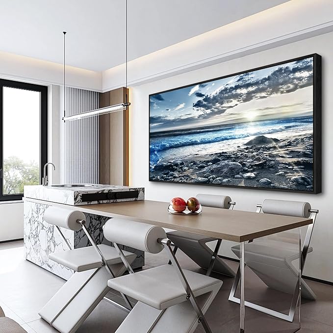 Wapluam Large Canvas Prints Wall Decorations For Living Room Wall Art For Bedroom Office Wall Decor Scenery Wall Painting Blue Sea Pictures Artwork For Fashion Black Framed Beach Posters Home Decor