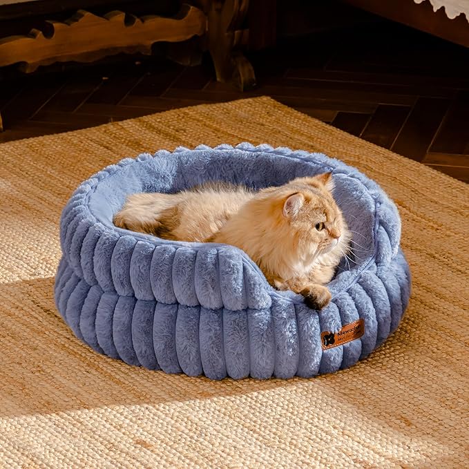 MEWOOFUN Cat Beds for Indoor Cats, Washable Dog Bed for Small Dogs, Round Pet Bed for Puppy and Kitten with Anti-Slip Bottom (Blue, 20"x20"x8")