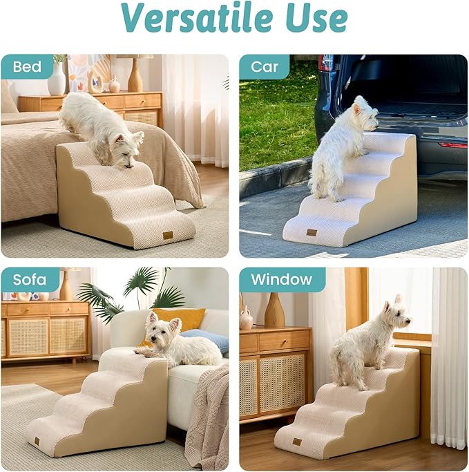 Wide Dog Stairs for Small Dog 19.7" H, Pet Step for Puppy, Older Cat, Curved Ramp for High Bed or Car, Stairs with High Density Foam, Lightweight, Durable, 4 Step, 17.7x28x19.7 inch, Beige