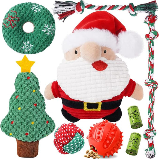 Zeaxuie Dog Chew Toys for Xmas - 9 Pack Santa Puppy Toys for Teething Small Dogs with Rope Toys, Treat Ball and Squeaky Dog Toys