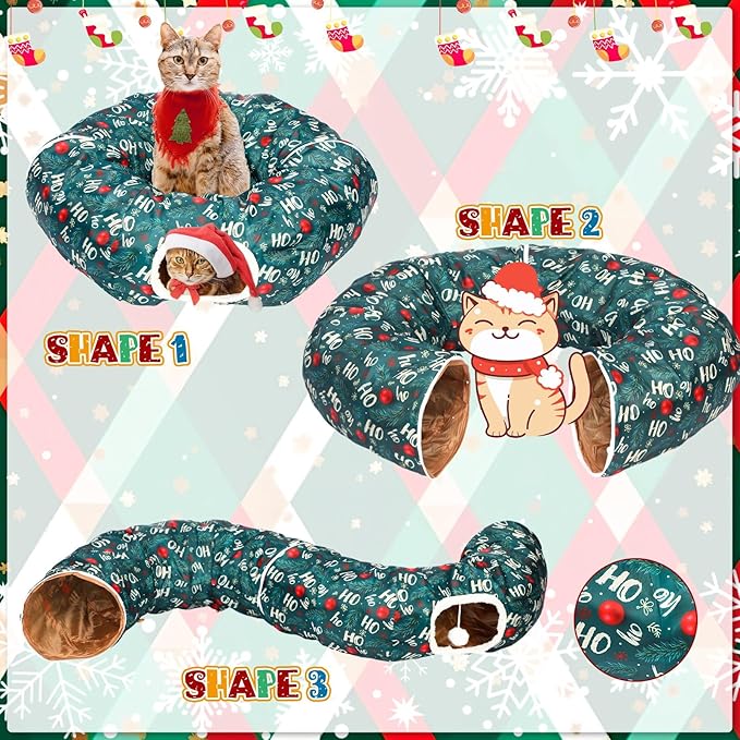 Christmas Cat Tunnel Bed for Indoor Cats Under Christmas Tree Skirt Tube with Hanging Ball Plush Cat Cave, Washable Holiday Pet Gift Toy & Gift for Kittens(Pine Branch)