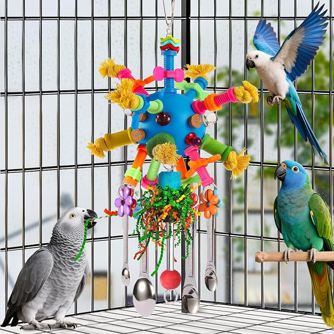 Parrot Toys Bird Toys Perch Pullable Stainless Steel Spoons Colorful Acrylic Stick Chew Toys for Amazons Mini Macaws African Greys Cockatoos Conures, Cockatiels, Lovebirds, Parrotlets and Other (blue)
