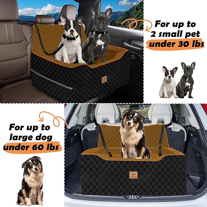Large Dog Car Seat for Back Seat – Removable Dog Booster Seat & Washable Pet Car Seat for Medium & 2 Small Dogs up to 60lbs – Safety Straps & Storage Pocket – Travel & Home Use (Black/Brown)
