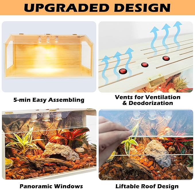 Prolee 68 Gallon Reptile Terrarium Tank Large 48 Inch Lizard Tank Bearded Dragon Tank with Roof Door, Snake Tank with Built-in Lamp Fixture and Switch, Side Windows, 48 Inch