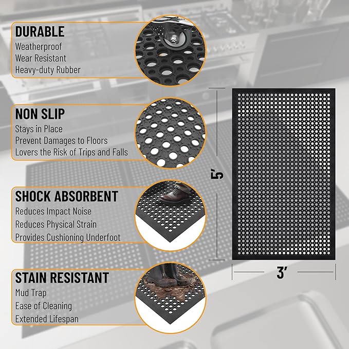Ottomanson Heavy Duty Rubber Floor Mat – Non-Slip, Waterproof, Easy to Clean – Anti-Fatigue Mat for Commercial Kitchens, Restaurants, Workshops – Oil Resistant, Hose Washable – 36" x 60", Black