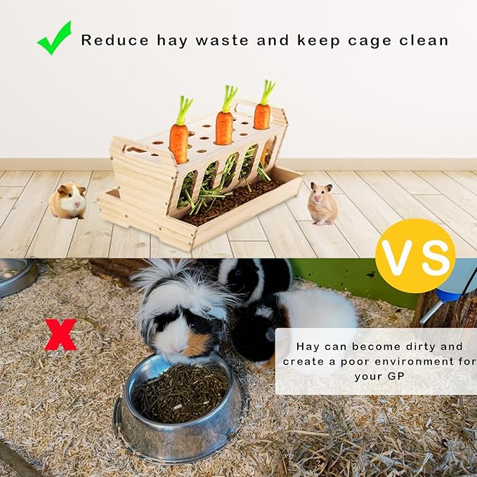 DOUBFIVSY Rabbit Hay Feeder, Large Capacity Wooden Hay Feeder for Rabbits Guinea Pigs Chinchillas, Pet-self Feeding Hay Manager Alfalfa Timothy Dispenser Grass Holder Carrot Feeders for Bunny