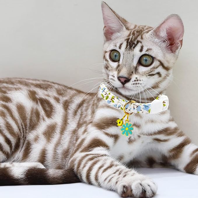 2 Pack Cotton Breakaway Cat Collars Set with Bell and Flower Pendant, Cute Floral Fruit Patterned, Adjustable 7.5-11Inch, Include A Mouse Toy Gift