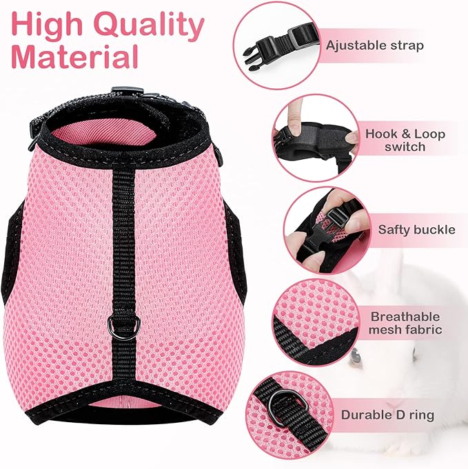 PETTOM Bunny Rabbit Harness with Stretchy Leash Cute Adjustable Buckle Breathable Mesh Vest Harness and Leash Set for Kitten Small Pets Holland Lop Bunnies Walking (Pink,S)