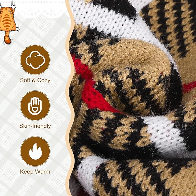 EXPAWLORER Cat Sweater Cardigan - Stylish Knit Cat Clothes, Plaid British Style Soft Puppy Sweater with Sleeve, Warm Pet Clothing Knitwear, Fall Winter Kitten Coat for Girl Boy Cats, Beige S