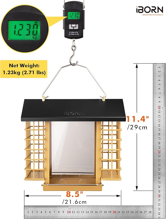 iBorn Bird Feeders for Outdoors,Bird Feeder with Double Suet Holders,Suet Feeder for Outside Hanging,Large Weatherproof Metal Roof,3.2 LBs Seeds Capacity + 2X Cakes,Easy to Refill & Clean,1 Pack,Black