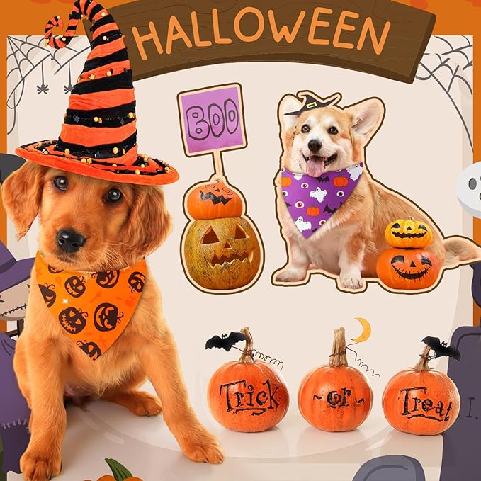 Preboun 100 Pcs Halloween Dog Bandanas Bulk Pumpkin Ghost Bandanas for Dogs Colorful Triangle Kerchief Bibs Scarf Set for Pet Costume Photo Props Accessories Pet Shops Adoption Events, 25 Styles