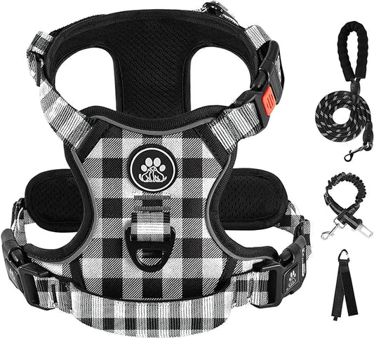 IVY&LANE No Pull Dog Harness with Leash Set, Reflective No Choke Pet Vest,Adjustable Oxford Dog Vest Harness with Easy Control Handle for Large Dogs (Checkered Black,L)