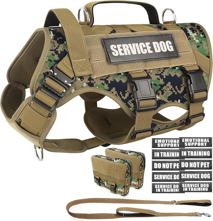 WINSEE Tactical Dog Harness with Dog Leash, Service Working MOLLE Vest with 10 Pet Patches for Dog, No Pull Military Harness and Backpack for Training Hunting Walking