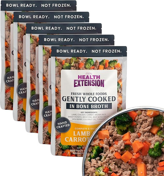 Health Extension Gently Cooked Lamb & Carrot Dog Food, Human-Grade & Shelf-Stable with Superfoods, Supports Digestion, Immunity, Skin & Coat, 9 oz Pouch (Pack of 5)