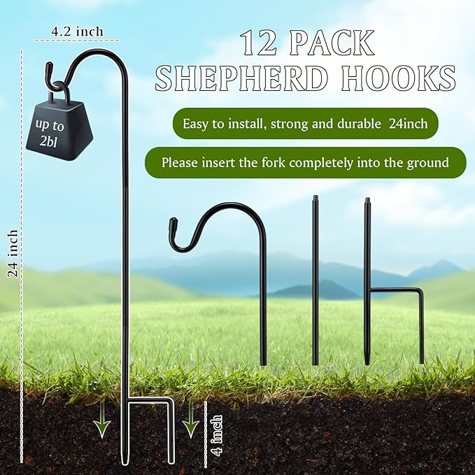 Shepherds Hook for Outdoor Adjustable Bird Feeder Pole Metal Steel Shepard Hooks for Hummingbird Stand Feeder Pole for Garden Plant, Lantern, Hanging Wedding Decor (12 Pcs,24 Inch)