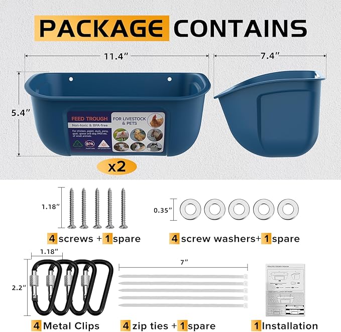 Goovilla Chicken Feeder Waterer, Hanging or Screw-in Fence Feeders with Clips, 2 Pack 5 Quart Goat Feeding Supplies, Duck Piglet Sheeple Coop Dog Livestock Poultry Plastic Feeder Trough Bucket, Blue